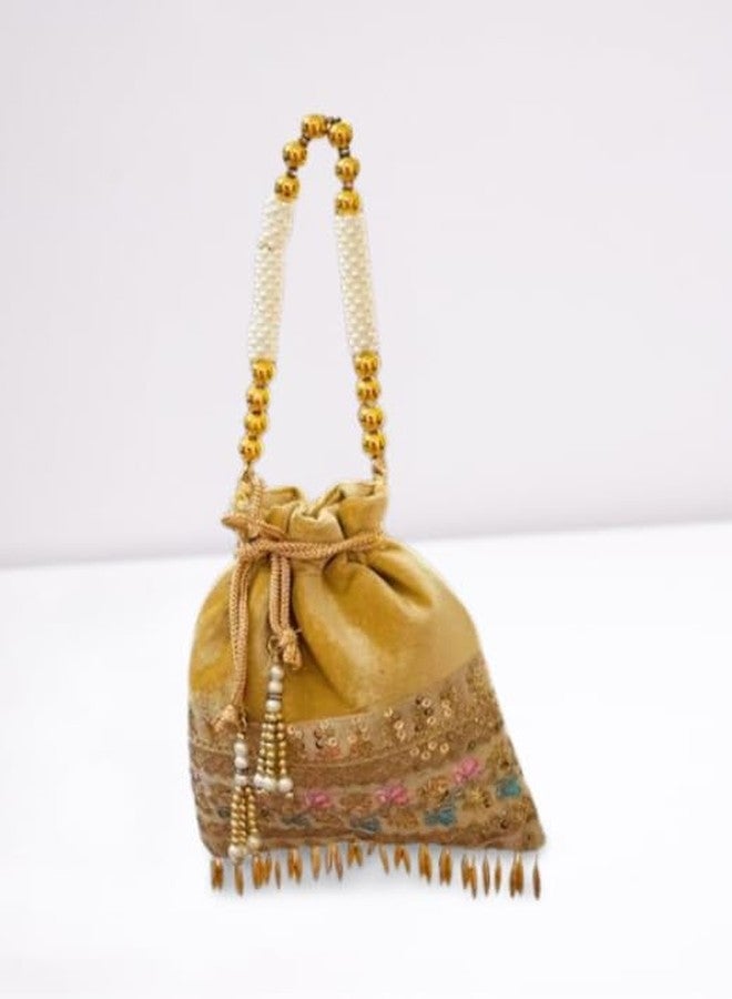 SuneshCreation Vintage Style Potli Handbag, Velvet with Pearl Beads and Gold Fringe, Traditional Wedding Purse (golden) - Image 2
